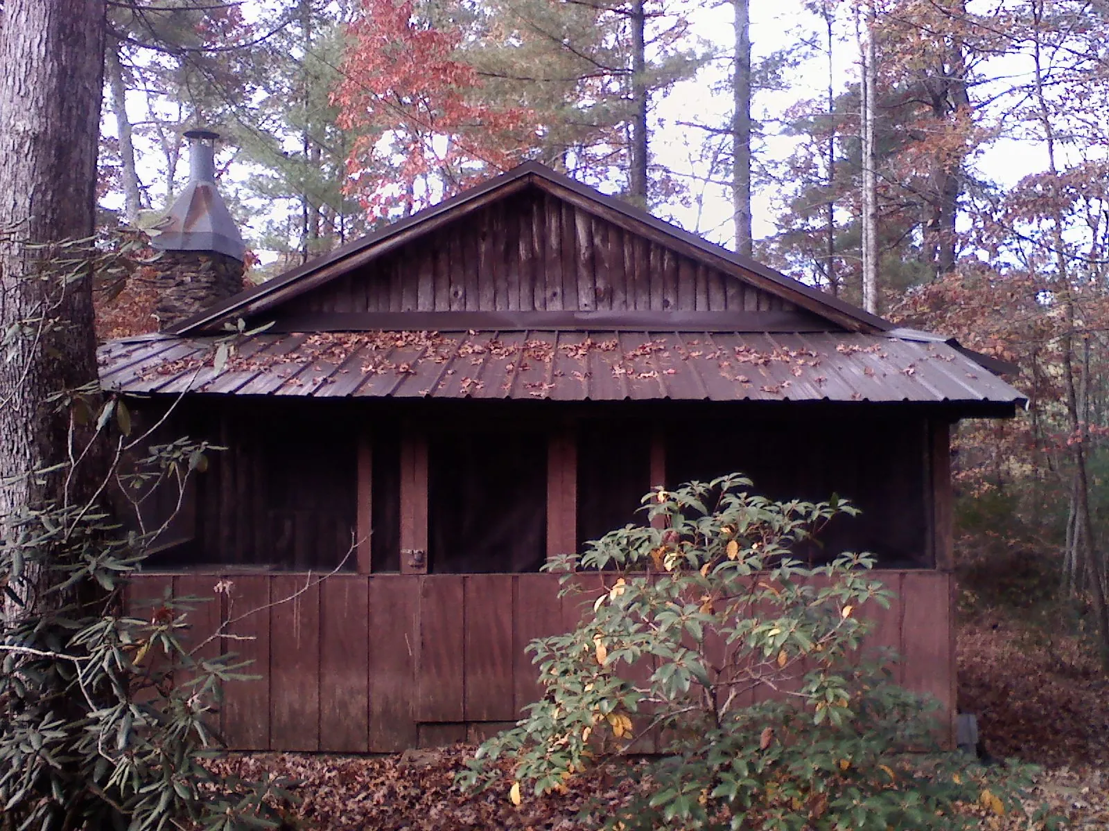 Metal roof over the screened porch of a rustic cabin in Emory